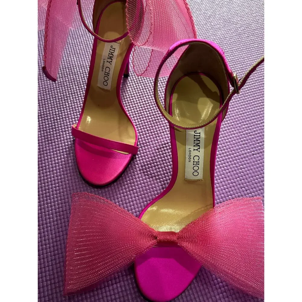 New $995 Jimmy Choo Aveline 100 Fuchsia Bow Sandals Womens Shoes Size 37 Heels